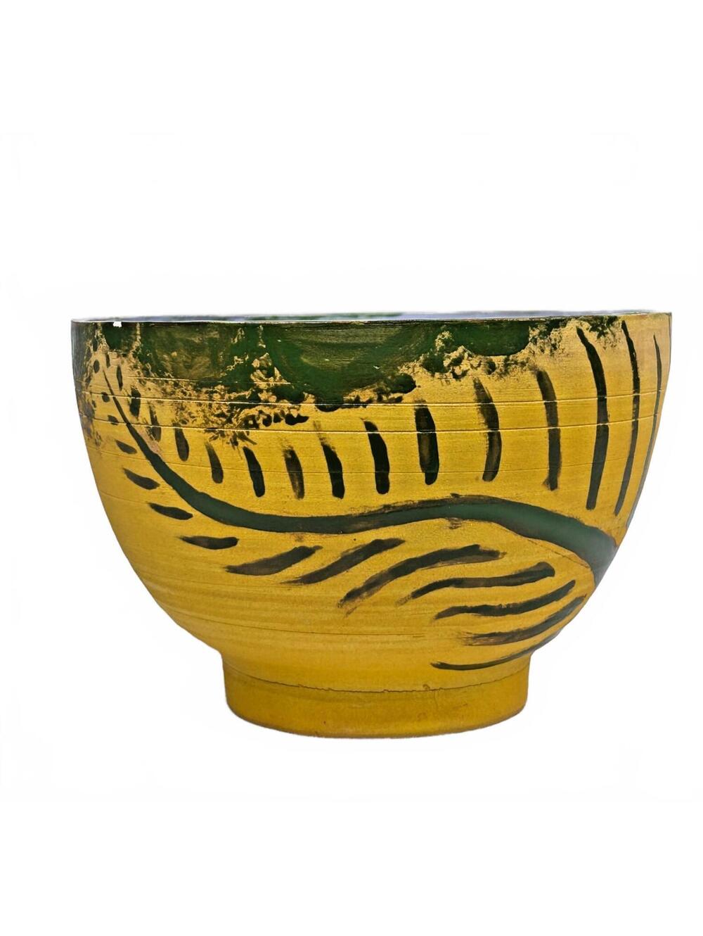 Handmade Studio Pottery Serving Bowl Blue Interior Yellow Green Leaf Design 8 In
